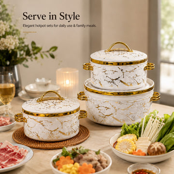 Luxury Marble Finish 3-Piece Hotpot Casserole Set with Gold Accents